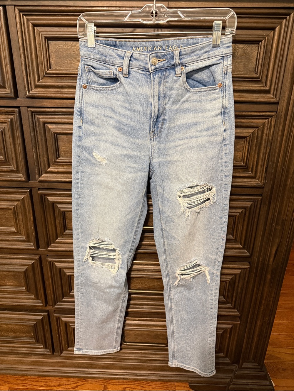 American Eagle Outfitters Light Blue High-Rise Distressed Mom Jeans